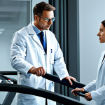 Exoskeleton Technology**

"A professional engineer, fully clothed in a lab coat and safety glasses, examining a sophisticated exoskeleton assisting a person in modest athletic wear walking on a treadmill, appropriate attire, safe for work, modern laboratory background, perfect anatomy, correct proportions, natural pose, professional lighting, high resolution, family-friendly."

**