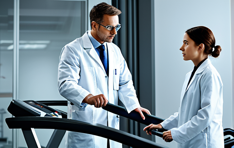 Exoskeleton Technology**
"A professional engineer, fully clothed in a lab coat and safety glasses, examining a sophisticated exoskeleton assisting a person in modest athletic wear walking on a treadmill, appropriate attire, safe for work, modern laboratory background, perfect anatomy, correct proportions, natural pose, professional lighting, high resolution, family-friendly."
**
