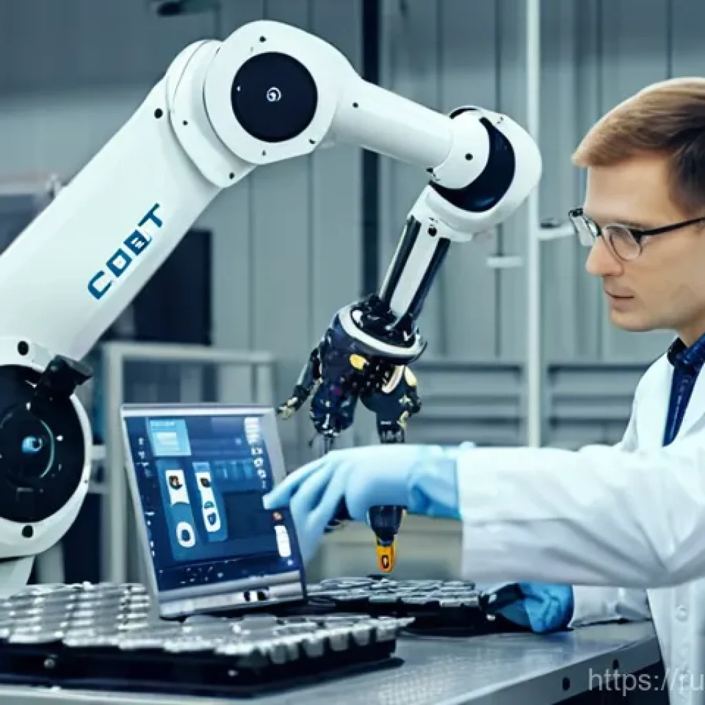 로봇 공학과 기계공학 - **Prompt:** A clean, modern Russian factory interior. A friendly-looking collaborative robot (cobot)...