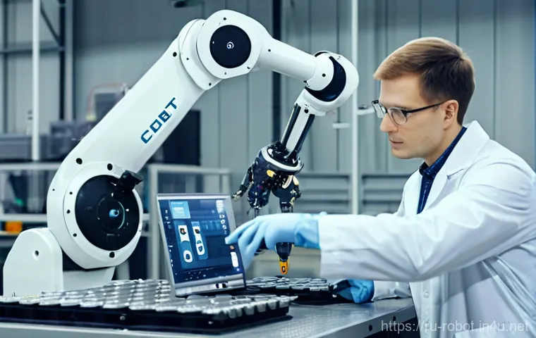 로봇 공학과 기계공학 - **Prompt:** A clean, modern Russian factory interior. A friendly-looking collaborative robot (cobot)...