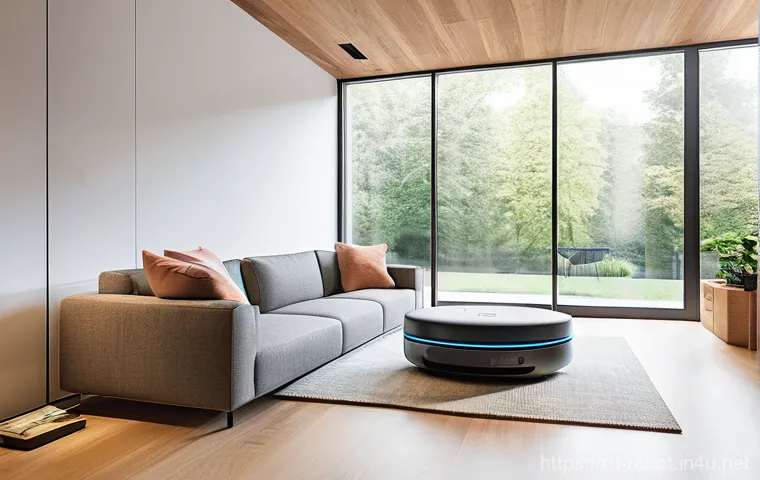 로봇과 에너지 절감 기술 - **Prompt 1: Cozy Smart Home Efficiency**
"A cozy and modern living room bathed in soft, natural ...
