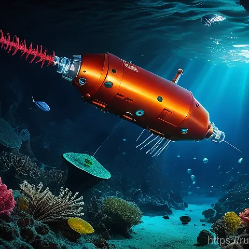 로봇 기반 해양 탐사 - A highly advanced, sleek Autonomous Underwater Vehicle (AUV) with glowing blue optical sensors and i...