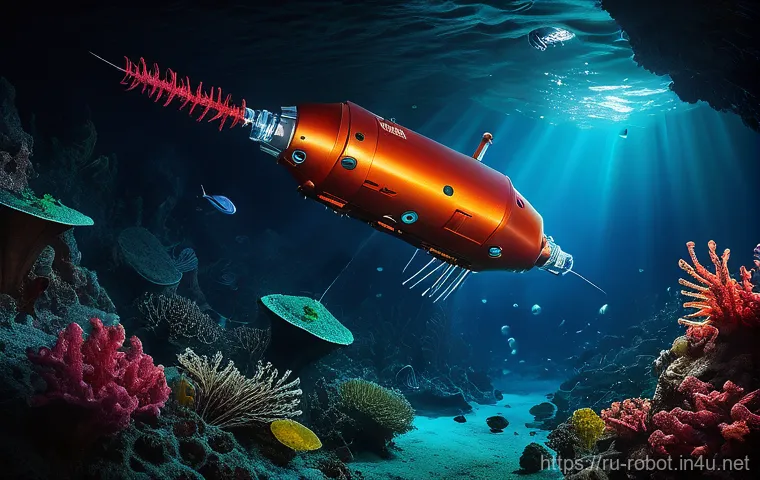 로봇 기반 해양 탐사 - A highly advanced, sleek Autonomous Underwater Vehicle (AUV) with glowing blue optical sensors and i...