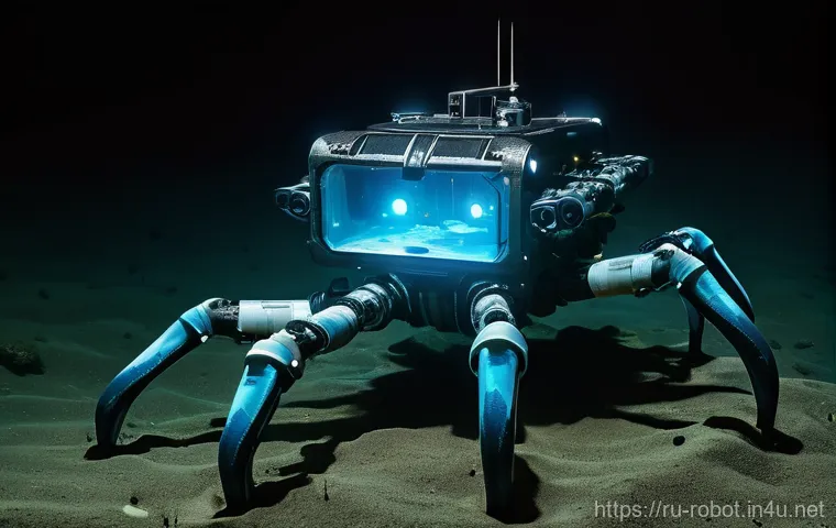 로봇 기반 해양 탐사 - A highly advanced, sleek Autonomous Underwater Vehicle (AUV) with glowing blue optical sensors and i...