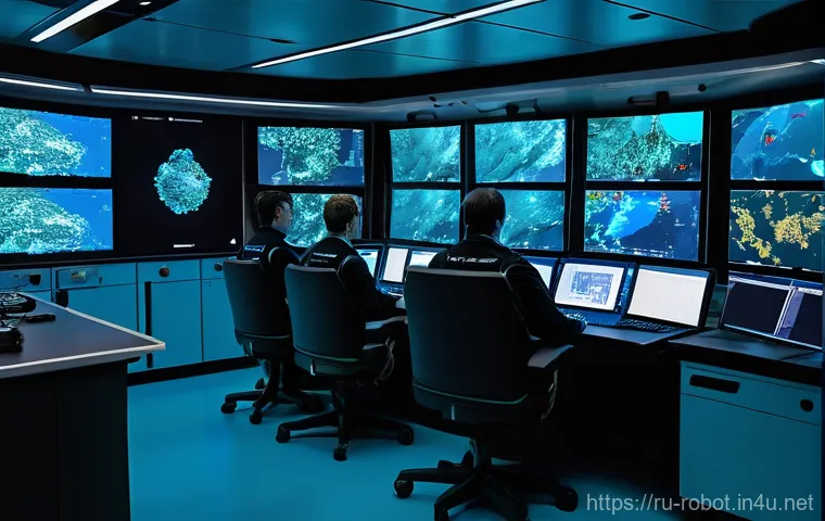 로봇 기반 해양 탐사 - A detailed Remotely Operated Vehicle (ROV) equipped with high-resolution cameras and articulated man...