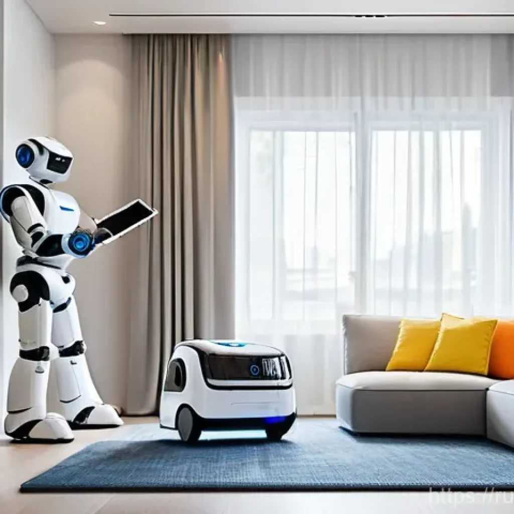 로봇용 AI 반도체 - **Prompt:** A cheerful, futuristic living room bathed in soft, natural light. A sleek, white robotic...