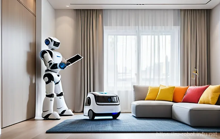 로봇용 AI 반도체 - **Prompt:** A cheerful, futuristic living room bathed in soft, natural light. A sleek, white robotic...
