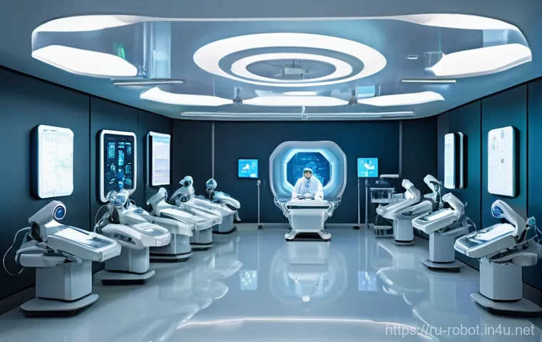 로봇의 소형화 및 경량화 기술 - **Prompt:** A futuristic, high-tech medical operating theater with a clean, minimalist aesthetic. In...