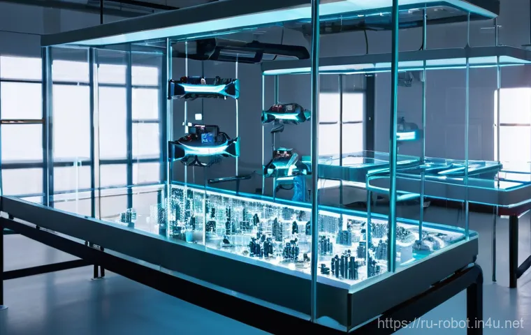 로봇의 소형화 및 경량화 기술 - **Prompt:** A sprawling, brightly lit, and highly organized automated warehouse at dusk. Numerous sl...