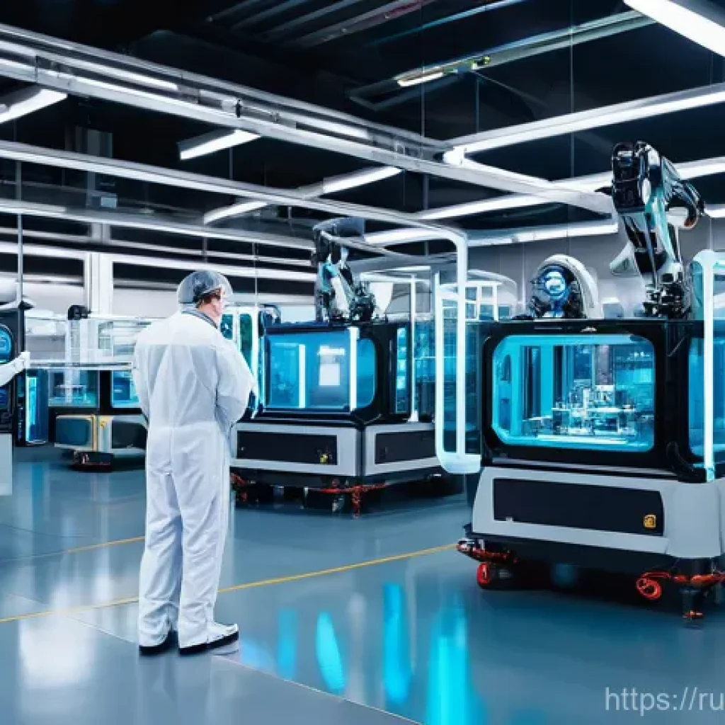 로봇 딥러닝 적용 - **AI-Powered Precision Manufacturing:** A wide-angle, high-definition photograph of a clean, brightl...