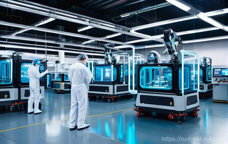 로봇 딥러닝 적용 - **AI-Powered Precision Manufacturing:** A wide-angle, high-definition photograph of a clean, brightl...
