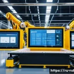 로봇 자동화와 산업 혁명 - A high-tech modern Russian automobile manufacturing plant featuring advanced automated robotic arms ...