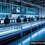 로봇과 스마트팩토리 - A modern industrial production line featuring advanced digitalization technology, with conveyor belt...
