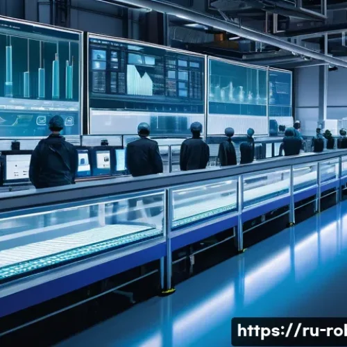 로봇과 스마트팩토리 - A modern industrial production line featuring advanced digitalization technology, with conveyor belt...