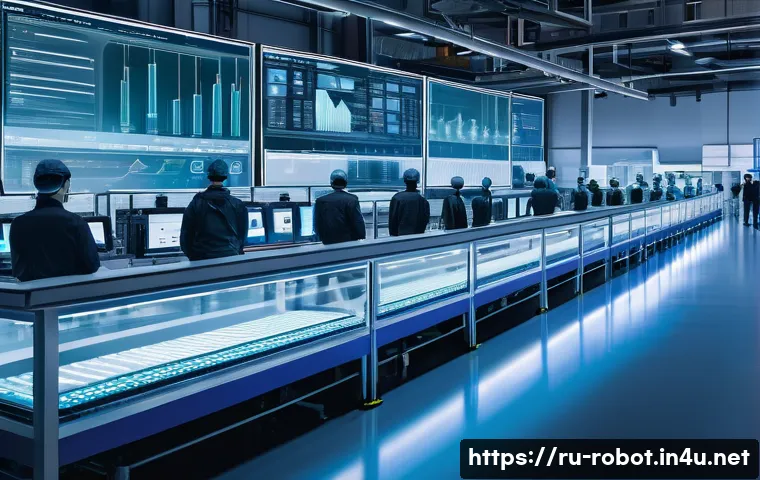 로봇과 스마트팩토리 - A modern industrial production line featuring advanced digitalization technology, with conveyor belt...