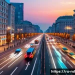 로봇이 바꾸는 도시 인프라 - A bustling Moscow city street scene at dusk featuring intelligent traffic lights equipped with AI an...