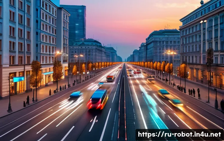 로봇이 바꾸는 도시 인프라 - A bustling Moscow city street scene at dusk featuring intelligent traffic lights equipped with AI an...