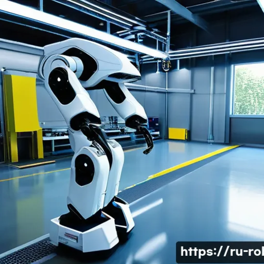 로봇의 친환경 기술 - A futuristic industrial robot in a clean, modern factory setting, equipped with advanced intelligent...