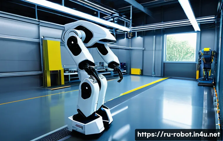 로봇의 친환경 기술 - A futuristic industrial robot in a clean, modern factory setting, equipped with advanced intelligent...