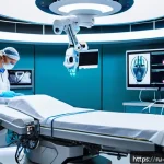 로봇의 유연한 소재 적용 - A futuristic surgical robot operating in a high-tech medical environment, featuring flexible silicon...