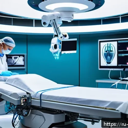 로봇의 유연한 소재 적용 - A futuristic surgical robot operating in a high-tech medical environment, featuring flexible silicon...
