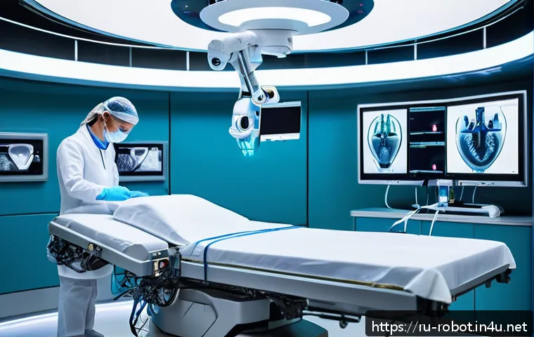 로봇의 유연한 소재 적용 - A futuristic surgical robot operating in a high-tech medical environment, featuring flexible silicon...