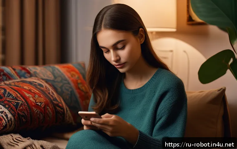 로봇 기반 심리 치료 기술 - A modern Russian living room with a young woman using a smartphone at night, interacting with an AI-...