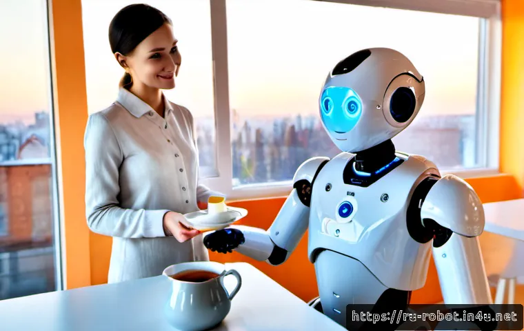 Home 17 로봇 인공지능 - Photorealistic humanoid service robot with a sleek white metal body and softly glowing blue interfac...