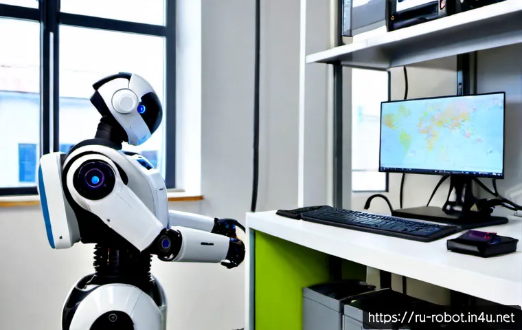 Home 26 로봇 운영 체제 ROS - Photorealistic robotics engineer in a modern Moscow research laboratory, monitoring a compact wareho...