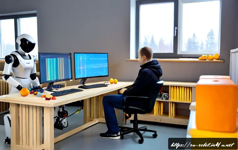 로봇의 딥러닝 훈련 데이터 - Photorealistic robotics research laboratory in Moscow, a humanoid service robot seated at a clean wo...