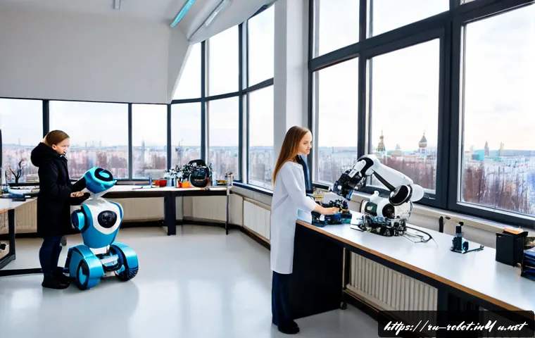 로봇공학 대학원 추천 - Photorealistic wide-angle scene inside a modern robotics graduate laboratory in Moscow, diverse Russ...